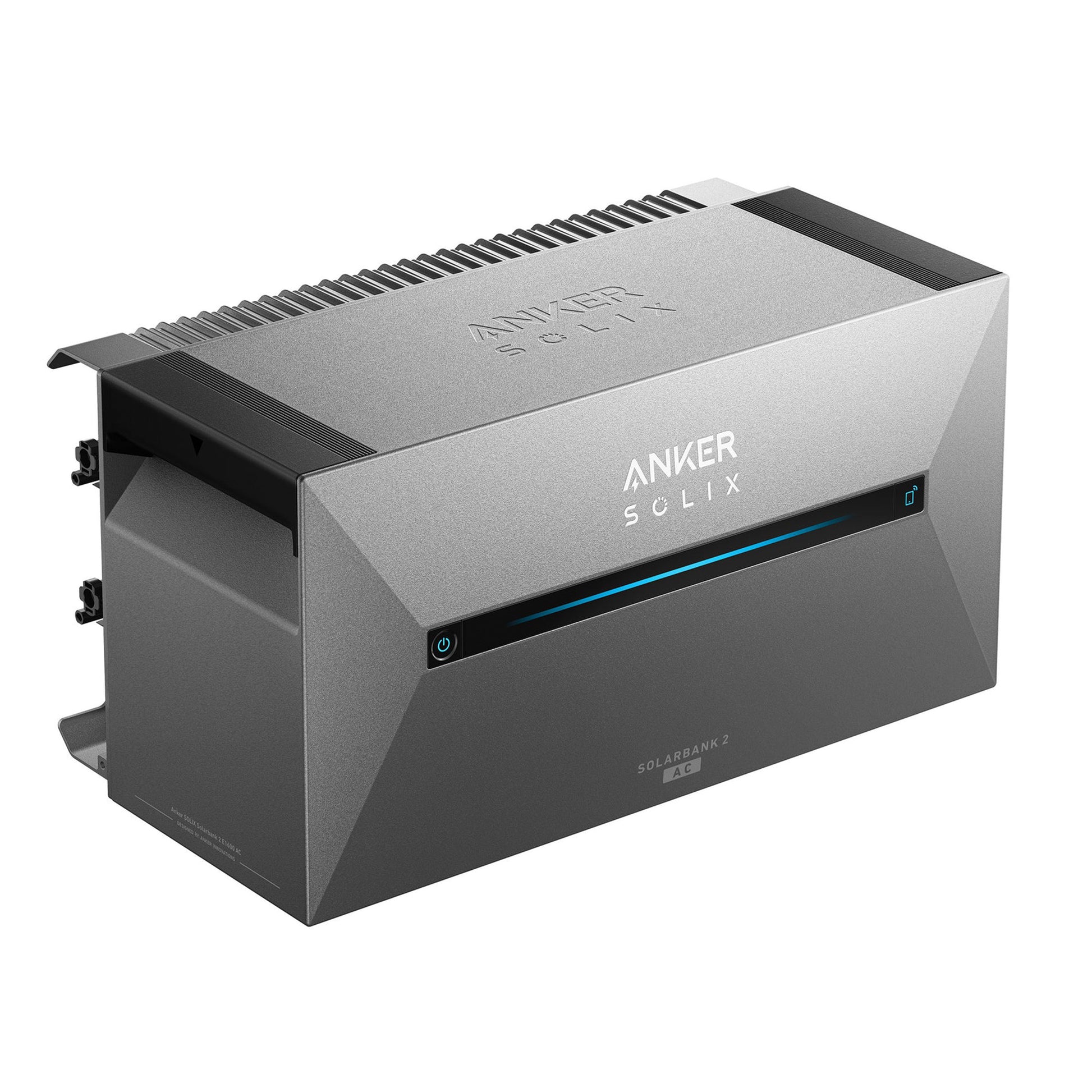 Solarbank 2 E1600 AC, silbernes Gehäuse mit seitlichen Anschlüssen und blauem Balken