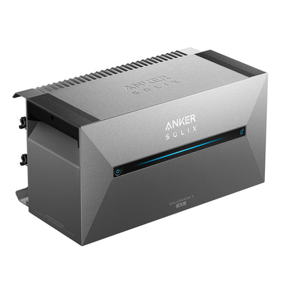 Solarbank 2 E1600 AC, silbernes Gehäuse mit seitlichen Anschlüssen und blauem Balken