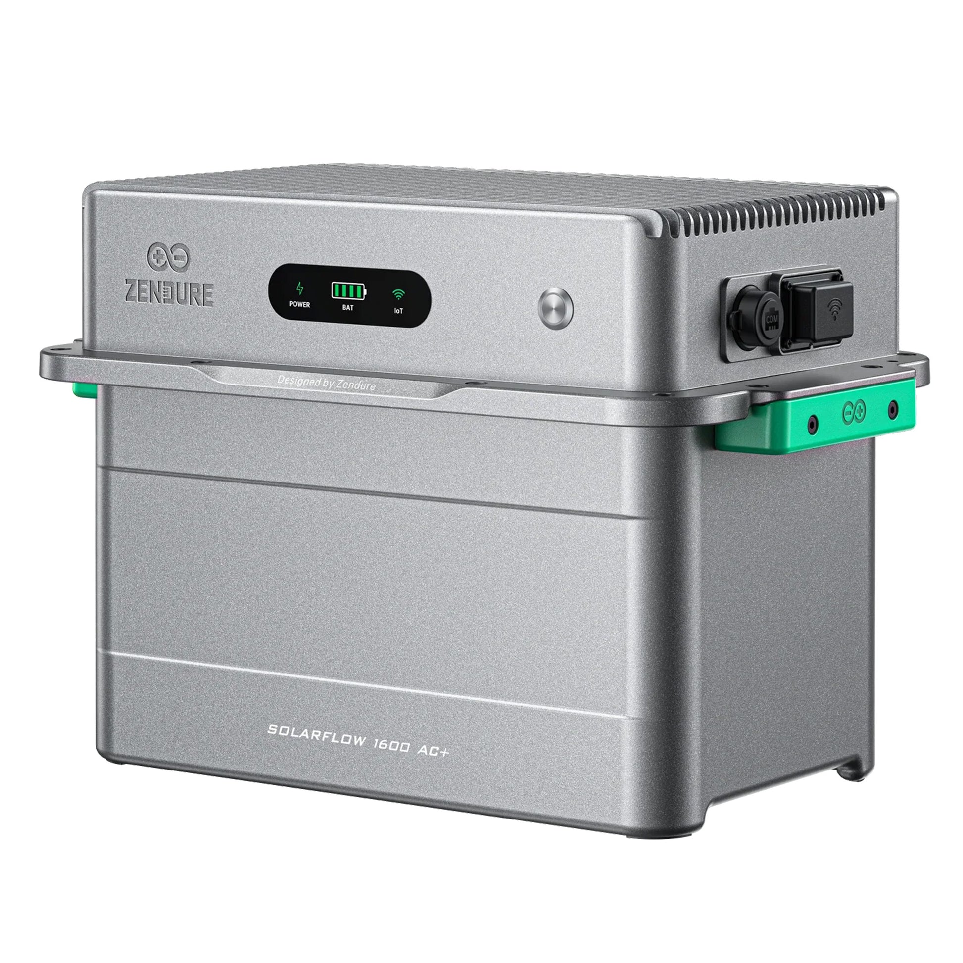 Zendure SolarFlow 1600 AC+ Wechselrichter silbergrau mit Display und grünen Anschlüssen