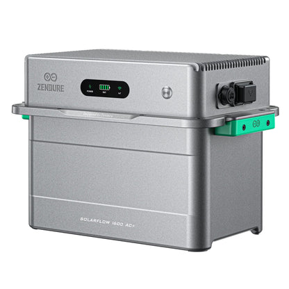Zendure SolarFlow 1600 AC+ Wechselrichter silbergrau mit Display und grünen Anschlüssen