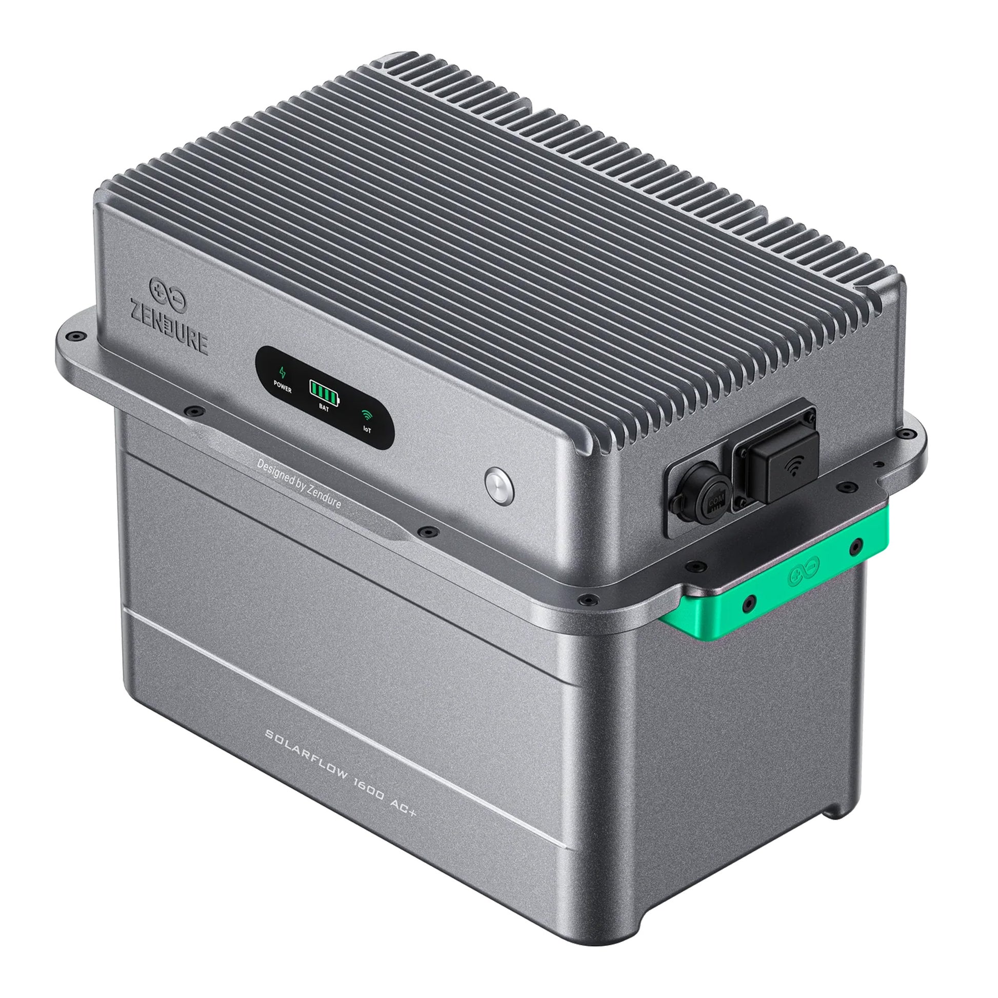Zendure SolarFlow 1600 AC+ Wechselrichter silbergrau mit Netzanschluss und Kühlrippen
