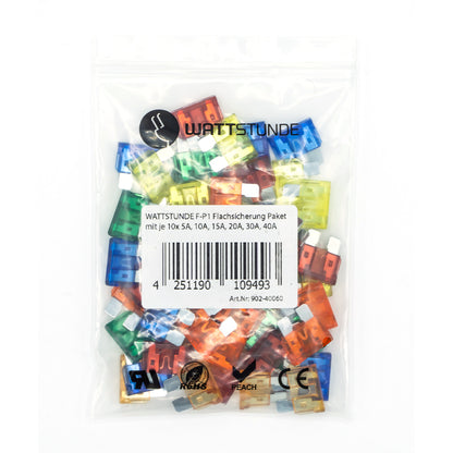 WATTSTUNDE F-P1 Flachsicherung Paket mit je 10x 5A, 10A, 15A, 20A, 30A, 40A