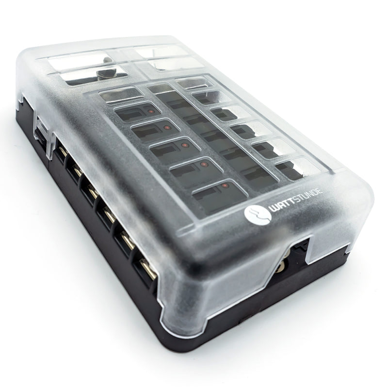 WATTSTUNDE Plus Distributor 12 mit je 4x 5A, 10A, 15A, 20A Flachsicherungen