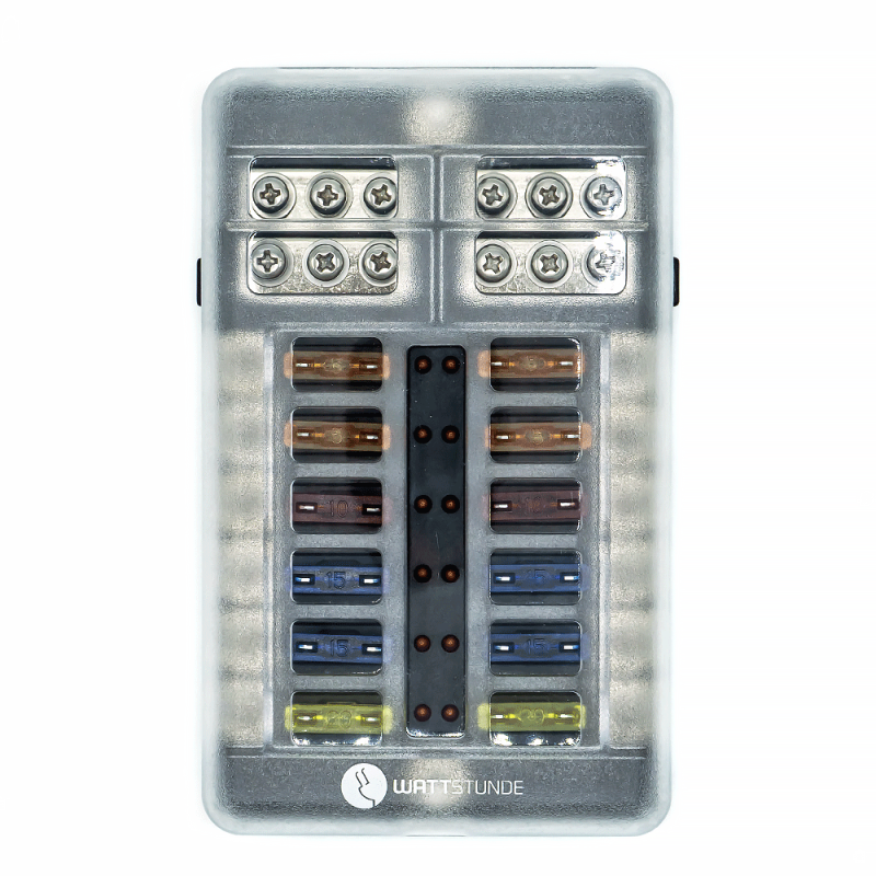 WATTSTUNDE Plus Distributor 12 mit je 4x 5A, 10A, 15A, 20A Flachsicherungen