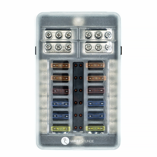 WATTSTUNDE Plus Distributor 12 mit je 4x 5A, 10A, 15A, 20A Flachsicherungen